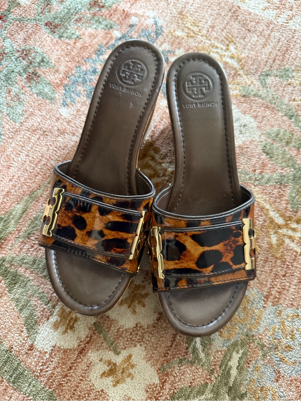 EUC Tory Burch Leopard-Print Slide Mules with Gold Logo Hardware